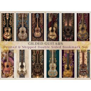 Gilded Guitars Art Nouveau Bookmark Set Baroque Jeweled Instrument Art